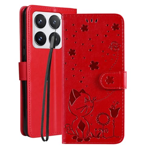 LOYWIN Handyhülle für Xiaomi 14T Pro Leder Tasche für Xiaomi 14T Pro Klapphülle mit Kartensteckplatz Beutel Weich Silikon Schale Case Schutz Hülle für Xiaomi 14T Pro, Rot von LOYWIN