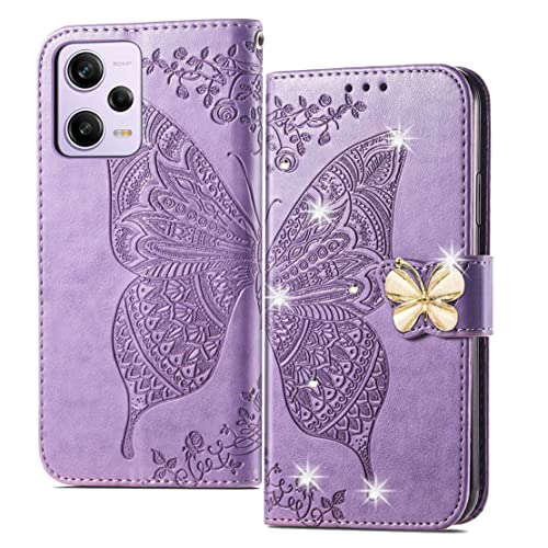 LOYWIN Handyhülle für Xiaomi Redmi Note 12 Pro, Leder Tasche Hülle [Bling Diamant Schmetterling] mit Kartenfach Stehen Weiche TPU Silikon Schutz Klapphülle für Redmi Note 12 Pro, Violet von LOYWIN