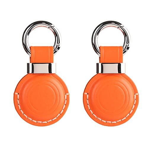 2 Stück LQU für Apple-Airtag-Halter, Schlüsselanhänger mit Echtlederschutz, sicherer Airtag-Halter, Schlüsselanhänger mit Metallringschloss, langlebige Airtag-Hülle, Schlüsselring-Zubehör – Orange von LQU