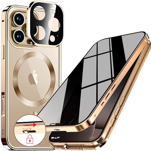 [CD-Metallring & Sicherheitsschloss] Magnetische 360 Grad Ganzkörper Sichtschutzhülle für iPhone 16 Pro Max 6.9'[Integrierter Linsenschutz] Schutzhülle mit Integriertem 9H-Glasbildschirm, – Gold von LS LANGSHUN