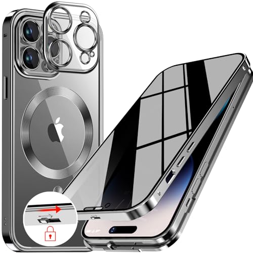 [CD-Metallring & Sicherheitsschloss] Magnetische 360 Grad Ganzkörper Sichtschutzhülle für iPhone 15 Pro 6.1' [Integrierter Linsenschutz] Schutzhülle mit Integriertem 9H-Glasbildschirm, – Titan Natur von LS LANGSHUN