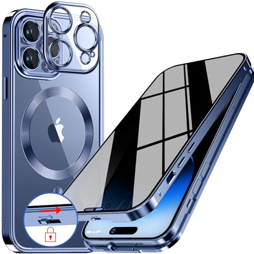 [CD-Metallring & Sicherheitsschloss] Magnetische 360 Grad Ganzkörper Sichtschutzhülle für iPhone 15 Pro Max [Integrierter Linsenschutz] Schutzhülle mit Integriertem 9H-Glasbildschirm,– Titan Blau von LS LANGSHUN