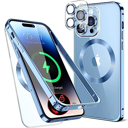 LS LANGSHUN Metall Magnetische Hülle für iPhone 12 6.1" [Sicherheitsschloss] [Original Metallrahmen-Stoßstange] [Eingebaut Kameraschutz ] Durchsichtige Handyhülle, Kratzfeste Rückseite, – Blau von LS LANGSHUN