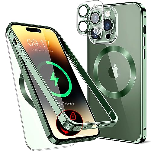 LS LANGSHUN Metall Magnetische Hülle für iPhone 13 Pro 6.1" [Sicherheitsschloss] [Original Metallrahmen-Stoßstange] [Eingebaut Kameraschutz ] Durchsichtige Handyhülle, Kratzfeste Rückseite, – Grün von LS LANGSHUN