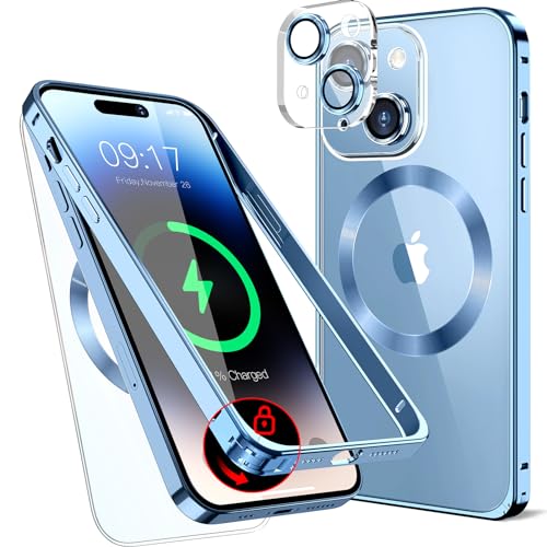 LS LANGSHUN Metall Magnetische Hülle für iPhone 15 6.1" [Sicherheitsschloss] [Original Metallrahmen-Stoßstange] [Eingebaut Kameraschutz ] Durchsichtige Handyhülle, Kratzfeste Rückseite, – Blau von LS LANGSHUN