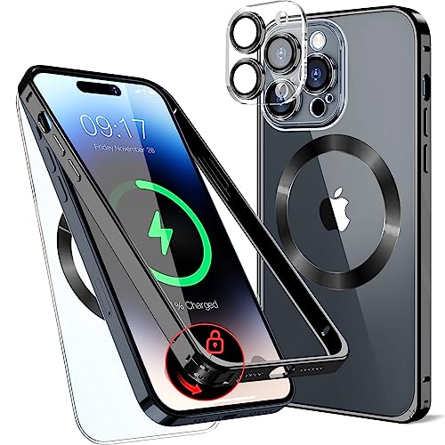 Metall Magnetische Hülle für iPhone 13 Pro Max 6.7" [Sicherheitsschloss] [Original Metallrahmen-Stoßstange] [Eingebaut Kameraschutz ] Durchsichtige Handyhülle, kratzfeste Rückseite, – Schwarz von LS LANGSHUN