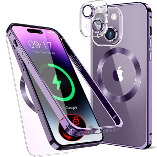 Metall Magnetische Hülle für iPhone 14 6.1" [Sicherheitsschloss] [Original Metallrahmen-Stoßstange] [Eingebaut Kameraschutz ] Durchsichtige Handyhülle, kratzfeste Rückseite, – Dunkel Violett von LS LANGSHUN