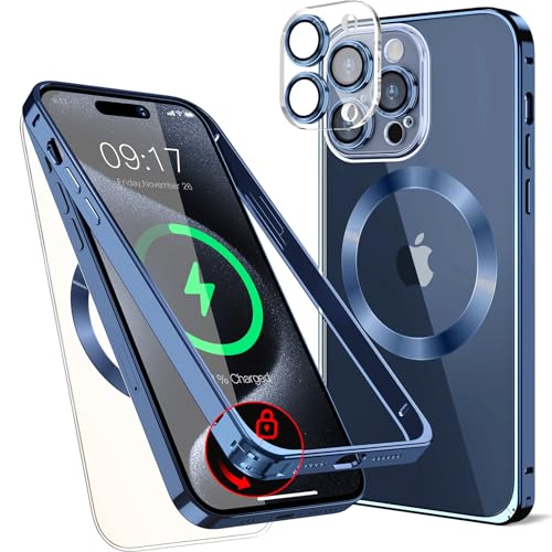 Metall Magnetische Hülle für iPhone 15 Pro 6.1" [Sicherheitsschloss] [Original Metallrahmen-Stoßstange] [Eingebaut Kameraschutz ] Durchsichtige Handyhülle, kratzfeste Rückseite, – Titan Blau von LS LANGSHUN