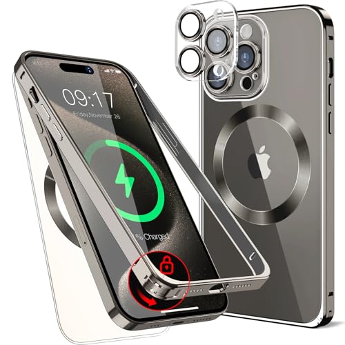Metall Magnetische Hülle für iPhone 15 Pro 6.1" [Sicherheitsschloss] [Original Metallrahmen-Stoßstange] [Eingebaut Kameraschutz ] Durchsichtige Handyhülle, kratzfeste Rückseite, – Titan Natur von LS LANGSHUN