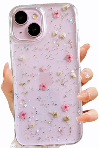 LSEEKA Schutzhülle für iPhone 13/iPhone 14, transparente Hülle mit gepressten echten getrockneten Blumen, glitzernd, niedliches Blumenmuster, für Damen und Mädchen, schlanke, weiche TPU-Schutzhülle von LSEEKA