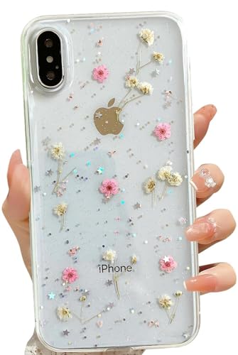LSEEKA Schutzhülle für iPhone X/iPhone Xs, transparente Hülle mit gepresstem echtem Blumendesign, Glitzer, niedliches rosa Blumenmuster, schlank, weiches TPU, für Frauen und Mädchen von LSEEKA