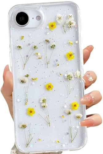 LSEEKA Transparente Schutzhülle für iPhone 16e mit gepressten echten Blumen, Glitzer, niedliches gelbes Blumenmuster, schmal, weich, TPU, für Damen und Mädchen LSEEKA Transparente Schutzhülle für iPhone 16e mit gepressten echten Blumen, Glitzer, niedliches gelbes Blumenmuster, schmal, weich, TPU, für Damen und Mädchen von LSEEKA