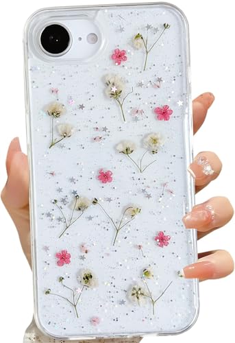 LSEEKA Transparente Schutzhülle für iPhone 16e mit gepressten echten Blumen, Glitzer, niedliches rosa Blumenmuster, schmal, weich, TPU, für Damen und Mädchen von LSEEKA