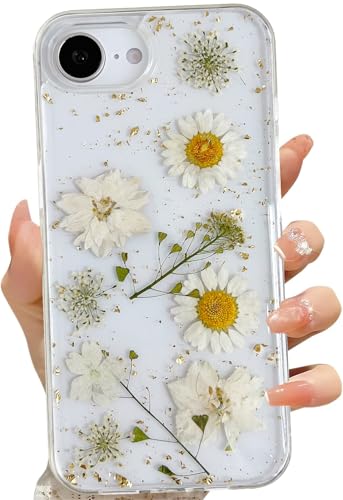 LSEEKA Transparente Schutzhülle für iPhone 16e mit gepressten echten Blumen, Glitzer, niedliches weißes Blumenmuster, schmal, weich, TPU, für Damen und Mädchen von LSEEKA