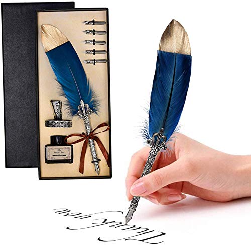 Quill Pen Feder Stift Tinte Stift Feder Kalligraphie Stift Set Schreibkiel Stift mit 5 Edelstahlfedern in verschiedenen Größen, Geschenk für Geburtstag Weihnachten (keine Tinte) von LSFCHYBY