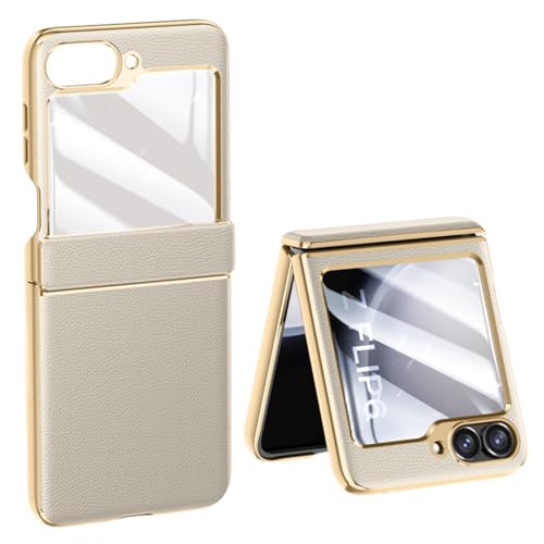 LSKOZU Hülle Für Samsung Galaxy Z Flip6, Modische Leichte Lederhülle Mit Integriertem Scharnierschutz Und Displayschutzfolie (für Galaxy Z Flip6,Graugold) von LSKOZU