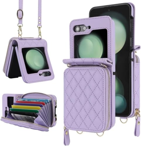 LSKOZU Hüllen Für Samsung Galaxy Z Flip6, Stilvolle Frauen Lanyard Fall, Flip6 Ledertasche, RFID-Blockierung Brieftasche Telefon Fall (für Galaxy Z Flip6,Lila) von LSKOZU