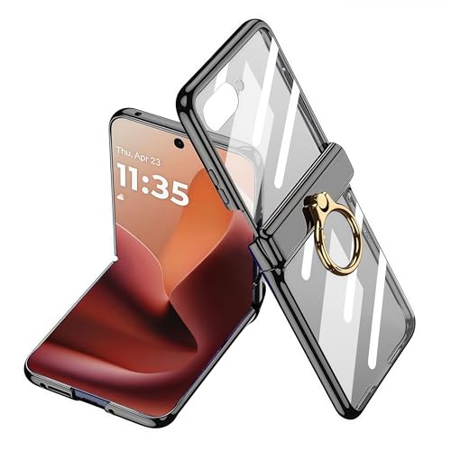 LSKOZU Hüllen Für Motorola Razr 60 Ultra, Modisches Und Leichtes Transparentes Gehäuse, Integrierte Bildschirmschutzfolie Und Ringhalterung (schwarz,Motorola Razr 60) von LSKOZU