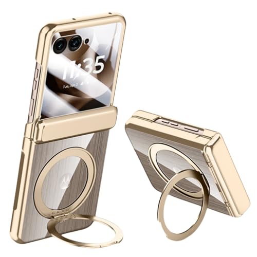 LSKOZU Hüllen Für Motorola Razr 60 Ultra, Stilvolles, Leichtes, Ultradünnes Und Transparentes Gehäuse Mit Integriertem Bildschirmschutz, Drehbarer Fingerringhalter (Gold,Motorola Razr 2025) von LSKOZU