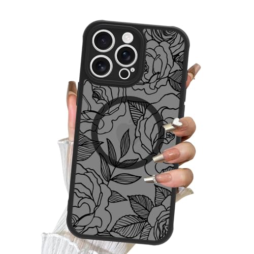 LSL Hülle für iPhone 15 Pro Max Hülle [Kompatibel mit Magsafe] Schwarz Blumen Transluzent Matt Stoßfest Schutzhülle Slim Silikon Case für Frauen Mädchen Schwarze Rose von LSL