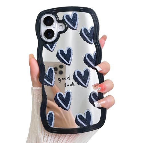 LSL Schutzhülle für iPhone 16, glänzend, spiegelnde Rückseite, schwarze Herzen, für Mädchen und Frauen, lockiger Wellenrand, niedlich, trendig, schlanke Schutzhülle von LSL