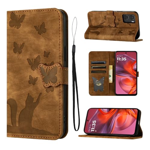 LSPCASA Handyhülle für Motorola Moto E15/G05 (6.67 Zoll) PU Premium Leder hülle mit Ständer Handytasche Kartenfächer Schutzhülle Klappbar Flip Case für Motorola Moto E15/G05-Braun von LSPCASA