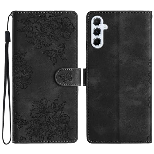 LSPCASA Handyhülle für Samsung Galaxy A56 5G(6.7 Zoll) Premium PU Leder mit Standfunktion Sakura Design hülle Klappbar Flip Case mit Kartenfächer für Samsung Galaxy A56 -Schwarz von LSPCASA