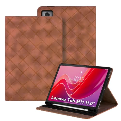 LSPCASA Hülle für Lenovo Tab M11(11 Zoll) 2024 mit Stifthalter PU Leder Schutzhülle Standfunktion Kartenschlitz und Gummiband Tablet Case für Lenovo Tab M11(TB330FU)-Diamantgitter Braun von LSPCASA