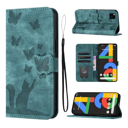 LSPCASA Klappschutzhülle Für Google Pixel 4A 5.81 PU Leder Material Google Pixel 4A Hülle Mit Kartenfächern Katzen Schmetterlingsmuster Handyhülle Grün von LSPCASA