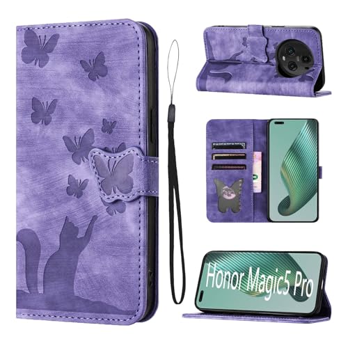 LSPCASA Klappschutzhülle Für Honor Magic5 Pro 5G Pgt-An10/N19 Standfunktion Honor Magic 5 Pro Hülle Mit Kartenfächern Honor Magic 5 Pro Case Katzen Schmetterlingsmuster Lederhülle Lila von LSPCASA