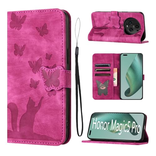 LSPCASA Klappschutzhülle Für Honor Magic5 Pro 5G Pgt-An10/N19 Standfunktion Honor Magic 5 Pro Hülle Mit Kartenfächern Honor Magic 5 Pro Case Katzen Schmetterlingsmuster Lederhülle Rosa von LSPCASA