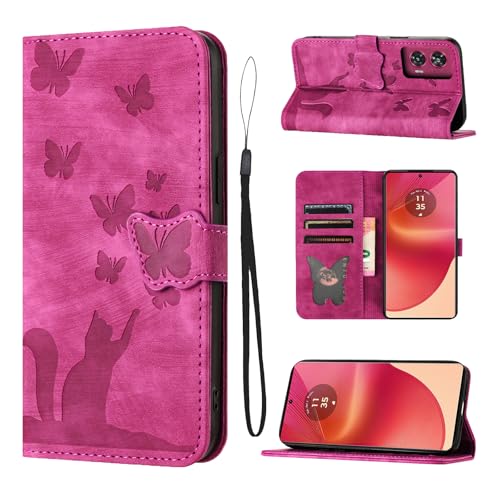 LSPCASA Klappschutzhülle Für Motorola Edge 50 Fusion 5G 6.7 Zoll Standfunktion Edge 50 Fusion Hülle Mit Kartenfächern Edge 50 Fusion Hülle Katzen Schmetterlingsmuster Lederhülle, Rosa von LSPCASA