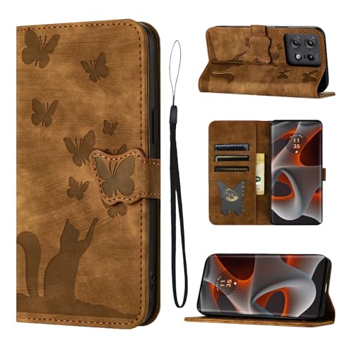 LSPCASA Klappschutzhülle Für Motorola Edge 50 Pro 5G 6.7 Zoll Standfunktion Motorola Edge 50 Pro Hülle Mit Kartenfächern Moto Edge 50 Pro Hülle Katzen Schmetterlingsmuster Lederhülle Braun von LSPCASA