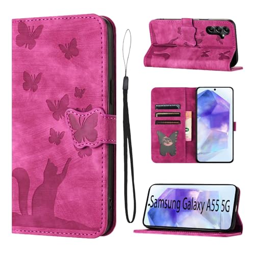 LSPCASA Handyhülle für Samsung Galaxy A55 5G 6,6 Zoll PU Premium Lederhülle mit Standfunktion Kartenfächern Klappbar Flip Case Schmetterlingsmuster Schutzhülle für Samsung Galaxy A55-Rosa von LSPCASA