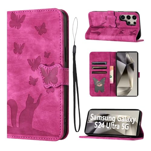 LSPCASA Klappschutzhülle Für Samsung Galaxy S24 Ultra PU Leder Material Samsung S24 Ultra Hülle Mit Kartenfächern Katzen Schmetterlingsmuster Samsung S24 Ultra Handyhülle Rose von LSPCASA