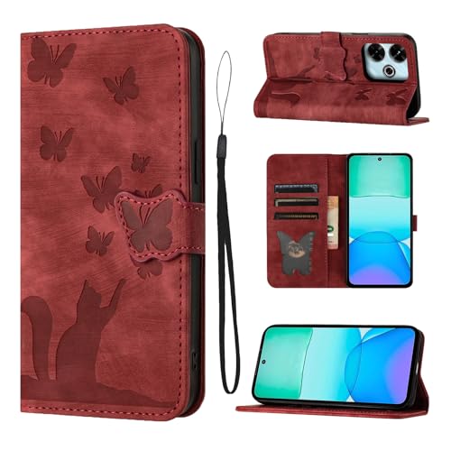 LSPCASA Klappschutzhülle Für Xiaomi Redmi 13 6.79 Zoll Standfunktion Xiaomi Redmi 13 Hülle Mit Kartenfächern Handyhülle Redmi 13 Katzen Schmetterlingsmuster Lederhülle Rot von LSPCASA