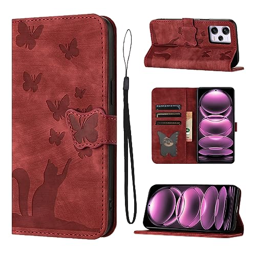 LSPCASA Klappschutzhülle Für Xiaomi Redmi Note 12 Pro/Xiaomi Poco X5 Pro 5G PU Leder Xiaomi Redmi Note 12 Pro Hülle Mit Kartenfächern Katzen Schmetterlingsmuster Tasche Rot von LSPCASA