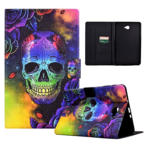 LSPCASA Hülle für Samsung Galaxy Tab A 10.1(2016) SM-T580/T585 PU Leder mit Kartenfächern und Standfunktion Schutzhülle Cover Klapp Case Tablet Hülle für Samsung Galaxy Tab A -Farbiger Totenkopf von LSPCASA