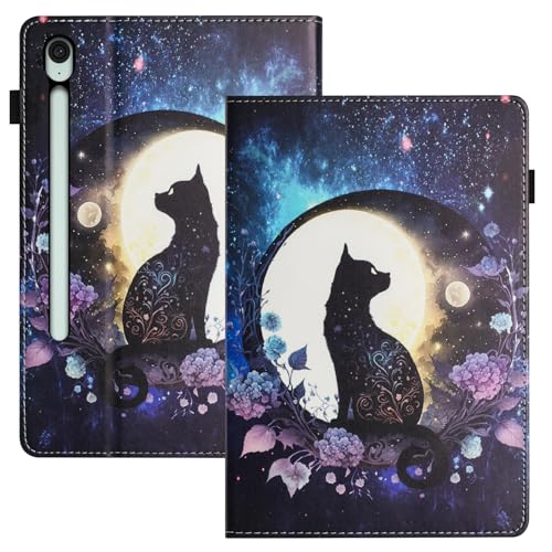 LSPCASA Hülle für Samsung Galaxy Tab S10 FE/S9 FE 10.9 Zoll PU Leader Schutzhülle mit Ständer Kartenschlitz Tablet Hülle für Samsung Galaxy Tab S10 FE/S9 FE - Mondkatze von LSPCASA