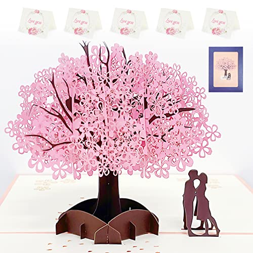 LSYYSL Valentinstag 3D Dreidimensionale Kirschblüten-Grußkarte, handgefertigt mit Umschlag, Paarsegen-Grußkarte, geeignet für Hochzeit, Valentinstag, Jahrestag, mit 5 kleinen Grußkarten von LSYYSL