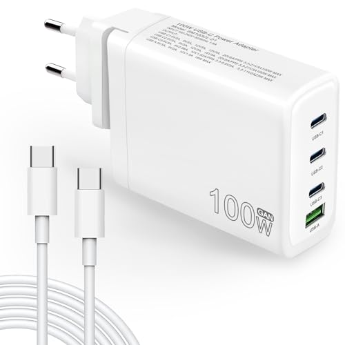 100W USB C Stecker, 4 Port GaN Compact Ladegerät Schnellstromadapter mit 2-Pack Ladekabel für MacBook Pro/Air, i Pad Pro, iPhone 15/Pro und alle USB C Geräte (White) von LTBSTOYE