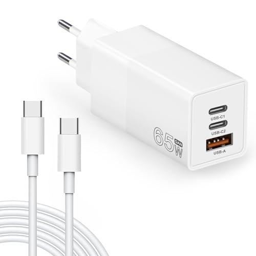 USB C Ladegerät Stecker, 65W GaN 3-Port Compact Fast Wall Netzteil mit USB-C Kabel für Mac Book Pro/Air, i Pad Pro, iPhone 15/14/Pro, Galaxy S23/S22, Steam Deck, Laptop und mehr (White) von LTBSTOYE