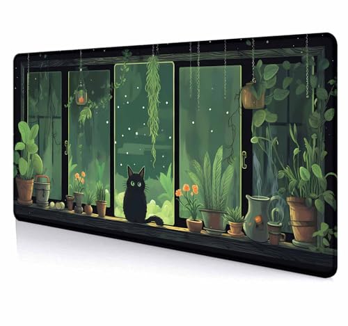 LTHAOGUO Niedliche grüne Schreibtischunterlage mit Katze, Pflanzen, großes Mauspad, Anime-Ästhetik, dunkelgrüne Szene, Laptop-Schreibtischunterlage, XL-Gaming-Schreibtischunterlage für Frauen, von LTHAOGUO