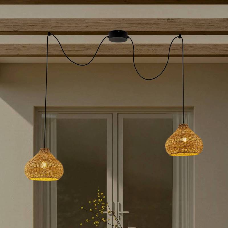 Lucande Außenhängelampe Taniola, 2-flg., beige, Rattan, IP44 von LUCANDE