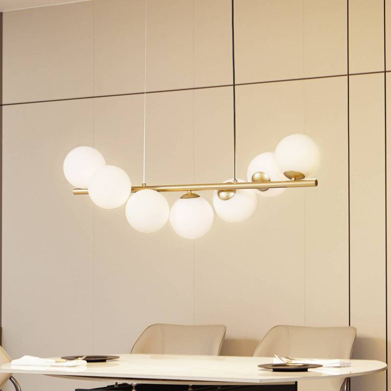 Lucande Hängeleuchte Isandro, 95 cm, gold, weiß, 7-flg., G9 von LUCANDE