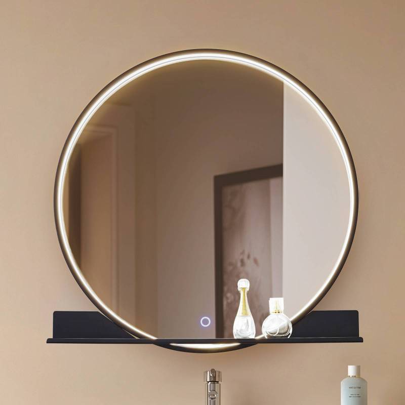Lucande LED-Spiegel Miren, schwarz, Aluminium, CCT, Ablage von LUCANDE