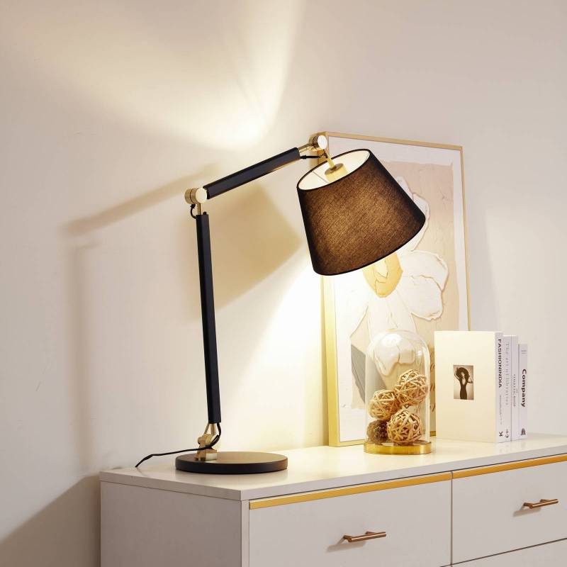 Lucande Tischlampe Marvaine, schwarz/goldfarben, Textil, E27 von LUCANDE