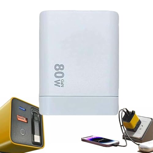 3 in 1 Ladegerät, Skalierbares 80W MAX-Schnelllademodul mit USB-C-Kabel und 2 USB-Anschlüssen, USB c Ladegerät mit Einziehbar Schnellladekabel, 3Port GaN USB-C Netzteil Schnellladegerät (Weiß) von LUCKKY