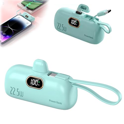 Mini Portable Charger with Built-in Cable, 22.5W Schnelles Aufladen externer Akku mit LED-Anzeige, 5000mAh Mini Powerbank, USB-C Ladekabel Klein Akkupack für Reise, Arbeit, Camping (Grün) von LUCKKY