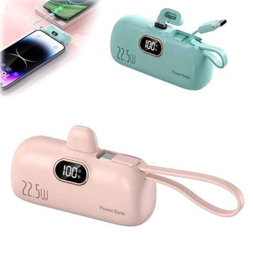 Mini Portable Charger with Built-in Cable, 22.5W Schnelles Aufladen externer Akku mit LED-Anzeige, 5000mAh Mini Powerbank, USB-C Ladekabel Klein Akkupack für Reise, Arbeit, Camping (Rosa) von LUCKKY